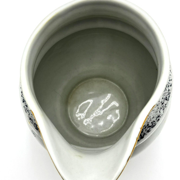 ANTHROPOLOGIE Fancy White Blue 21k Gold trim Floral Pitcher Vase. 8" inches tall - Picture 3 of 7